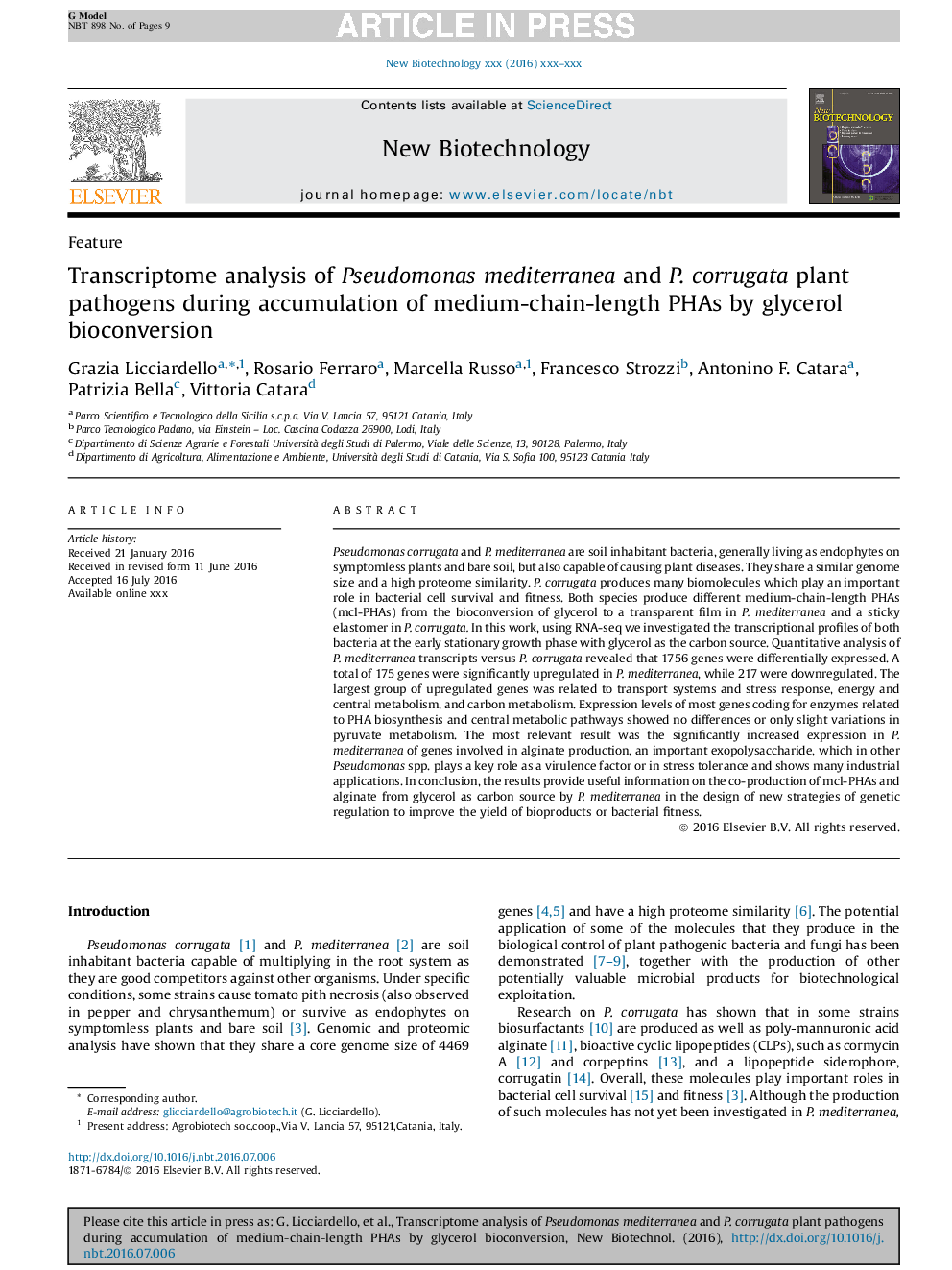 عکس صفحه اول مقاله: Transcriptome analysis of Pseudomonas mediterranea and P. corrugata plant pathogens during accumulation of medium-chain-length PHAs by glycerol bioconversion Transcriptome analysis of Pseudomonas mediterranea and P. corrugata plant pathogens during accumulation of medium-chain-length PHAs by glycerol bioconversion