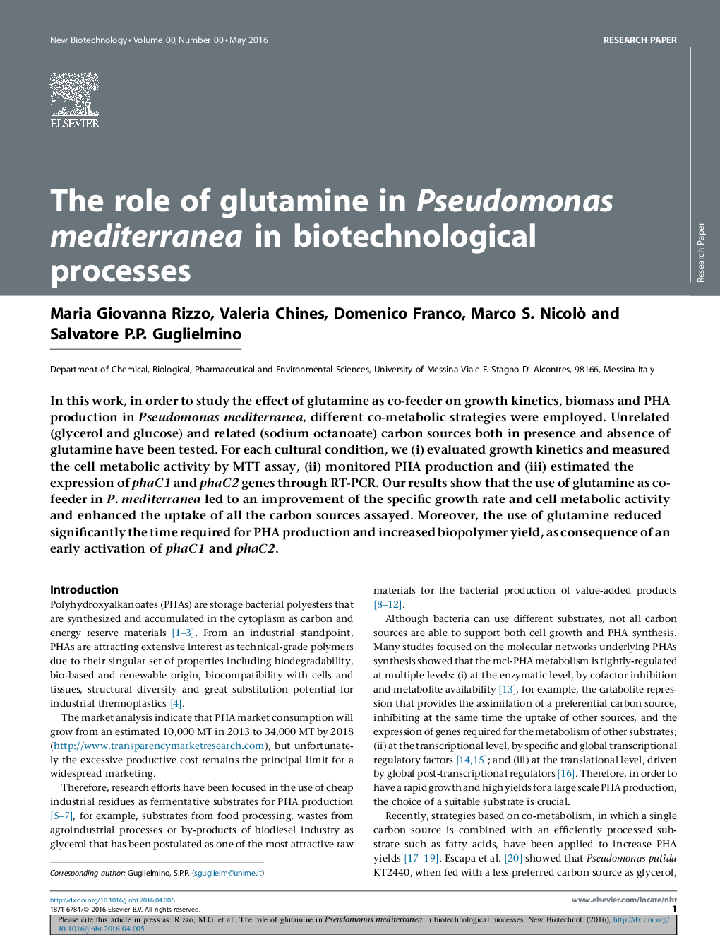 عکس صفحه اول مقاله: The role of glutamine in Pseudomonas mediterranea in biotechnological processes The role of glutamine in Pseudomonas mediterranea in biotechnological processes