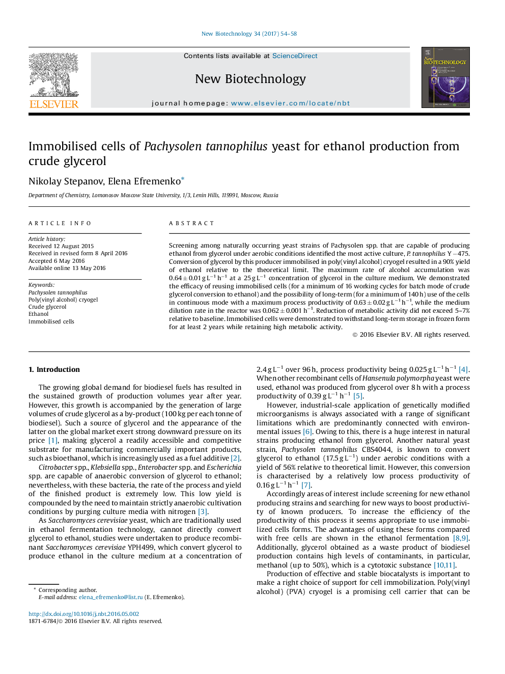 Immobilised cells of Pachysolen tannophilus yeast for ethanol production from crude glycerol