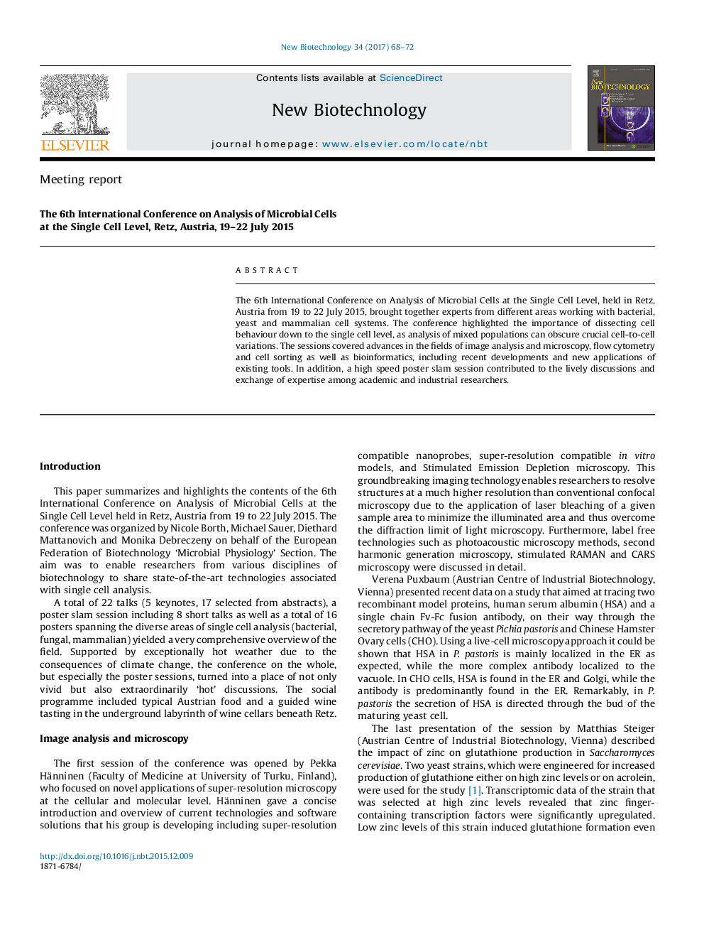 The 6th International Conference on Analysis of Microbial Cells at the Single Cell Level, Retz, Austria, 19-22 July 2015