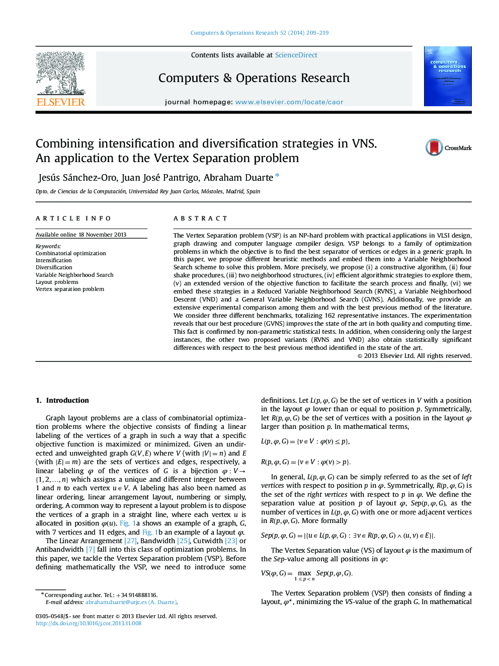 Combining intensification and diversification strategies in VNS. An application to the Vertex Separation problem