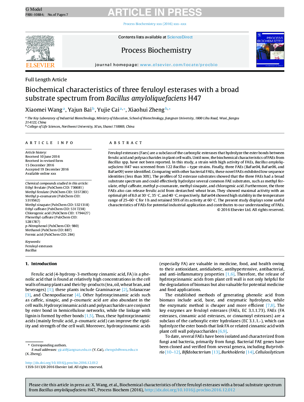 Biochemical characteristics of three feruloyl esterases with a broad substrate spectrum from Bacillus amyloliquefaciens H47