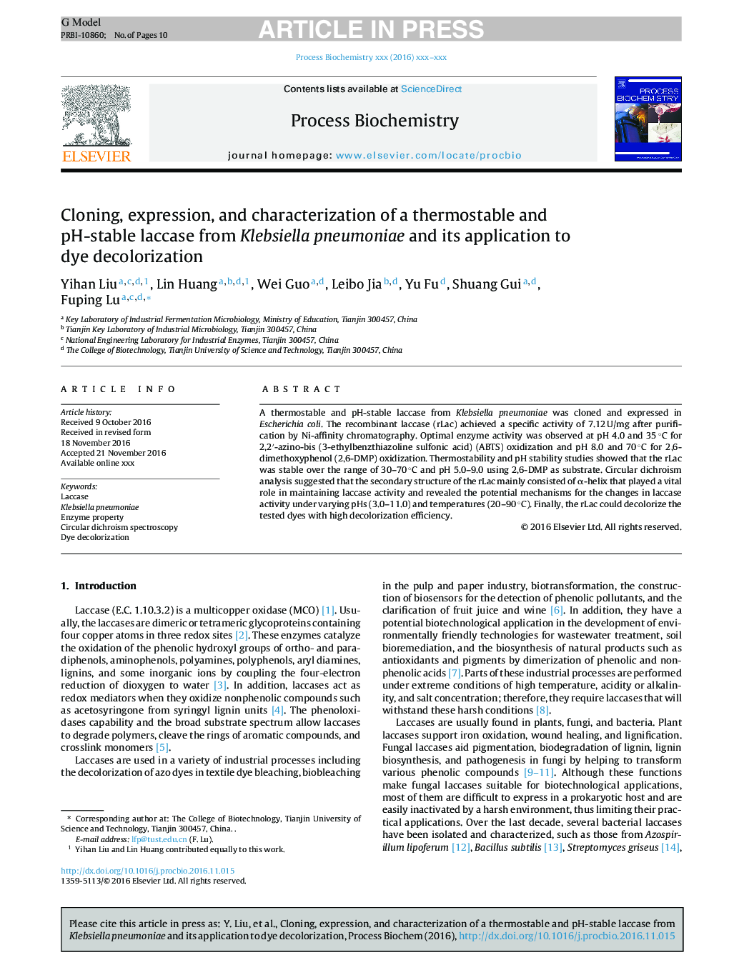 Cloning, expression, and characterization of a thermostable and pH-stable laccase from Klebsiella pneumoniae and its application to dye decolorization