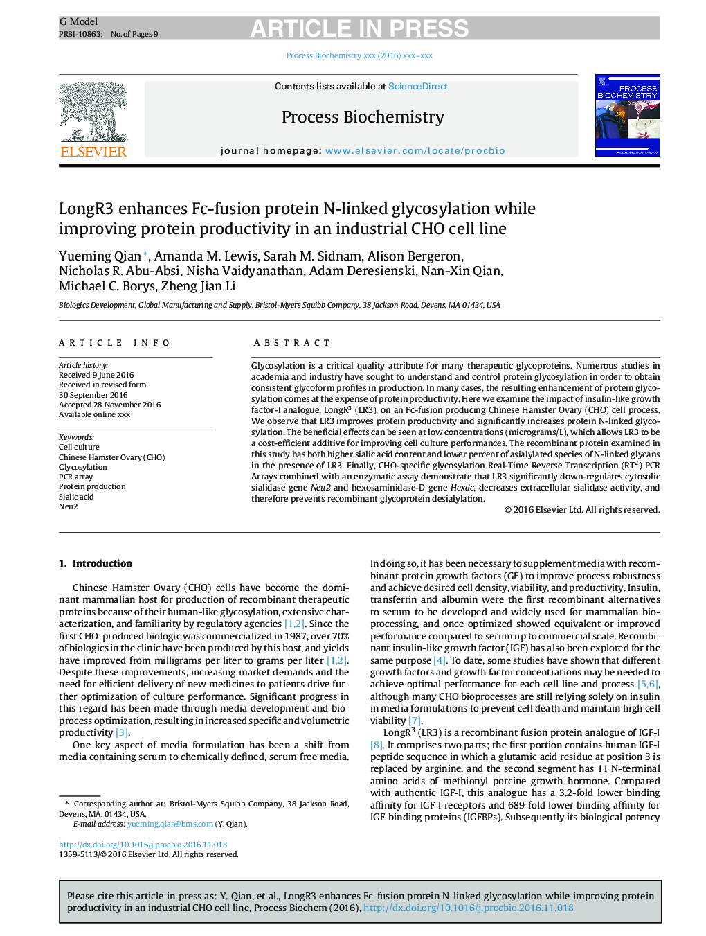 LongR3 enhances Fc-fusion protein N-linked glycosylation while improving protein productivity in an industrial CHO cell line