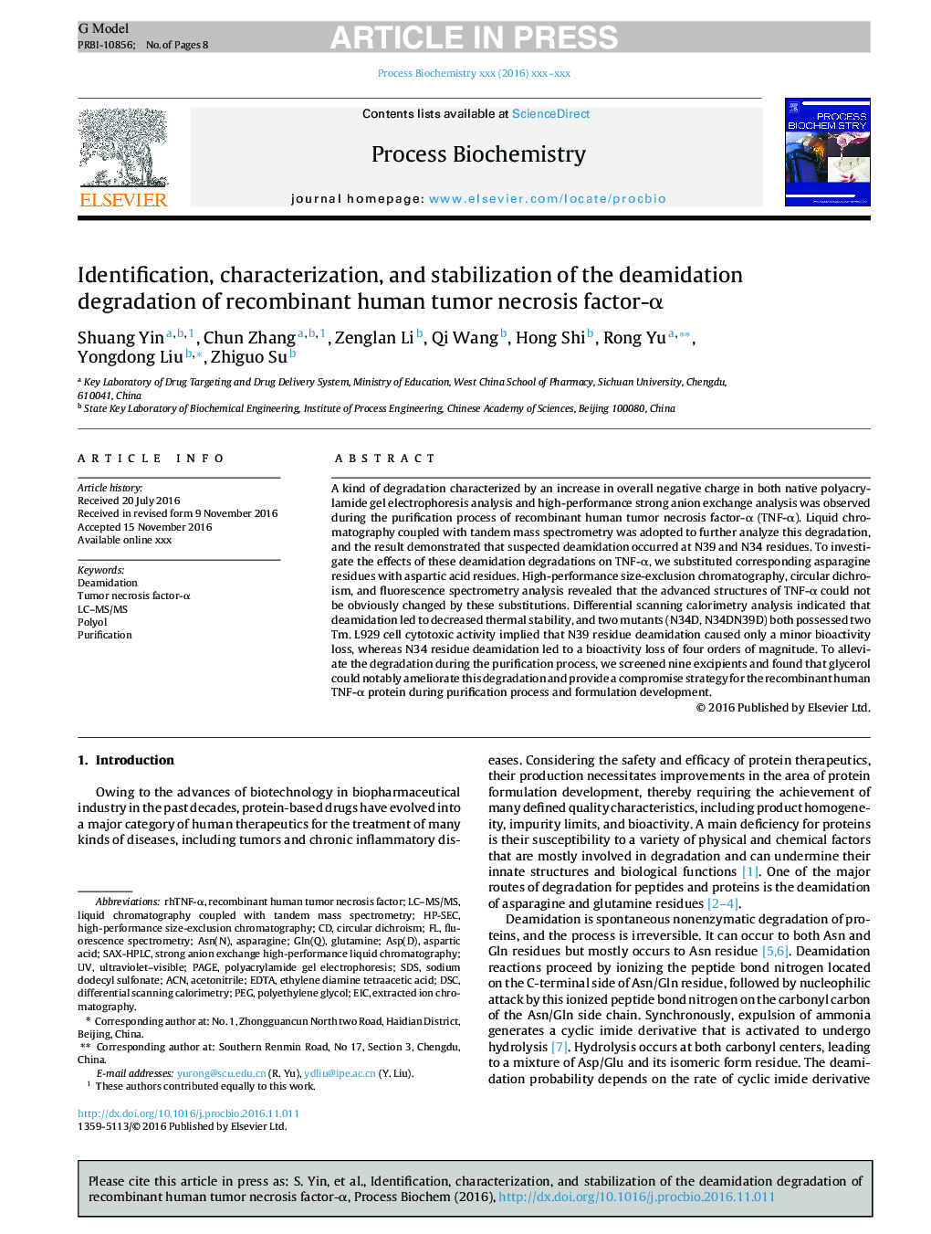 Identification, characterization, and stabilization of the deamidation degradation of recombinant human tumor necrosis factor-Î±