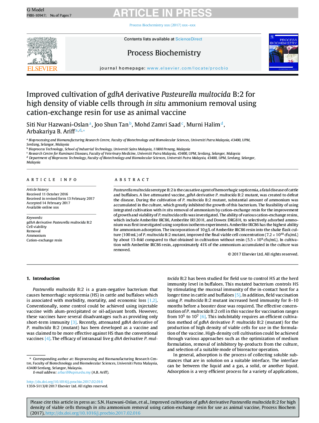 Improved cultivation of gdhA derivative Pasteurella multocida B:2 for high density of viable cells through in situ ammonium removal using cation-exchange resin for use as animal vaccine