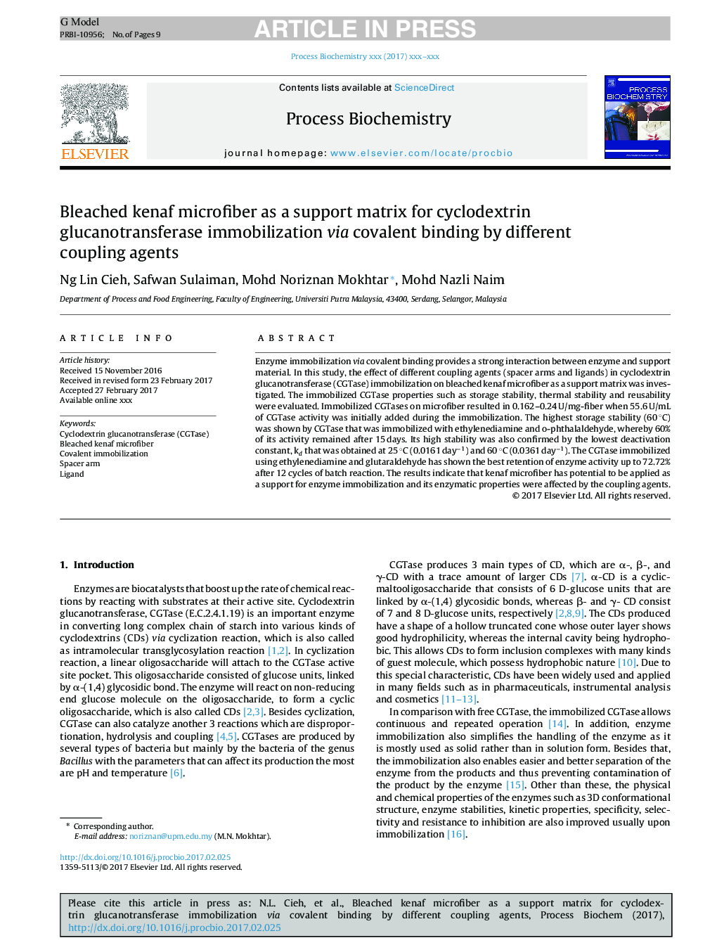 Bleached kenaf microfiber as a support matrix for cyclodextrin glucanotransferase immobilization via covalent binding by different coupling agents