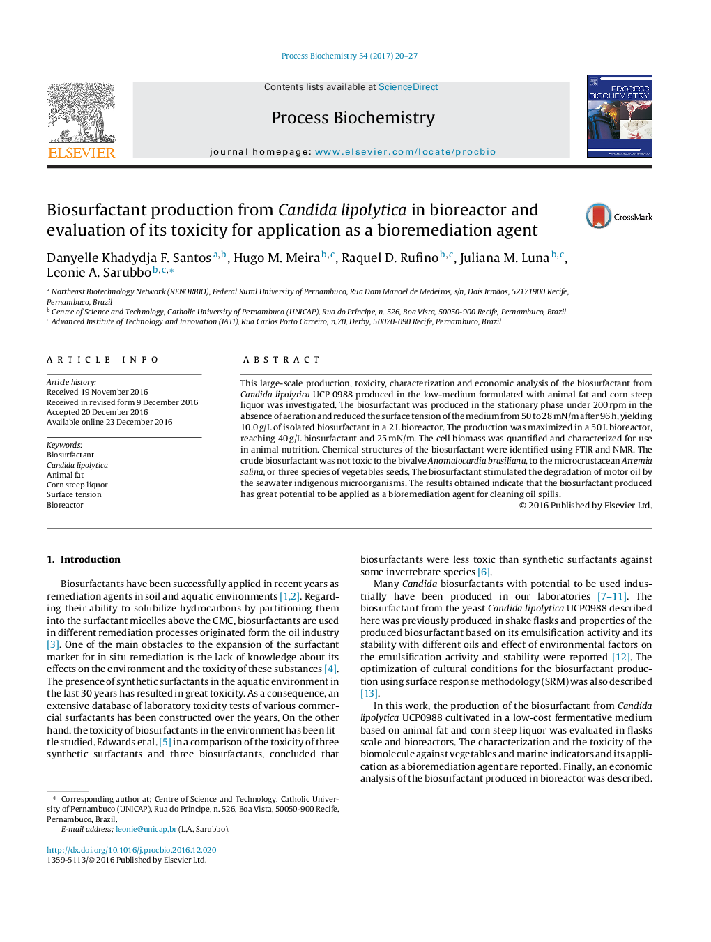 Biosurfactant production from Candida lipolytica in bioreactor and evaluation of its toxicity for application as a bioremediation agent