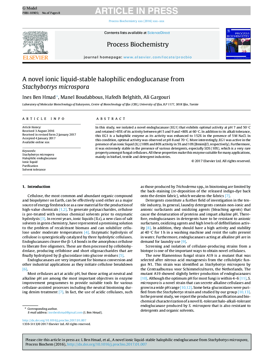 A novel ionic liquid-stable halophilic endoglucanase from Stachybotrys microspora