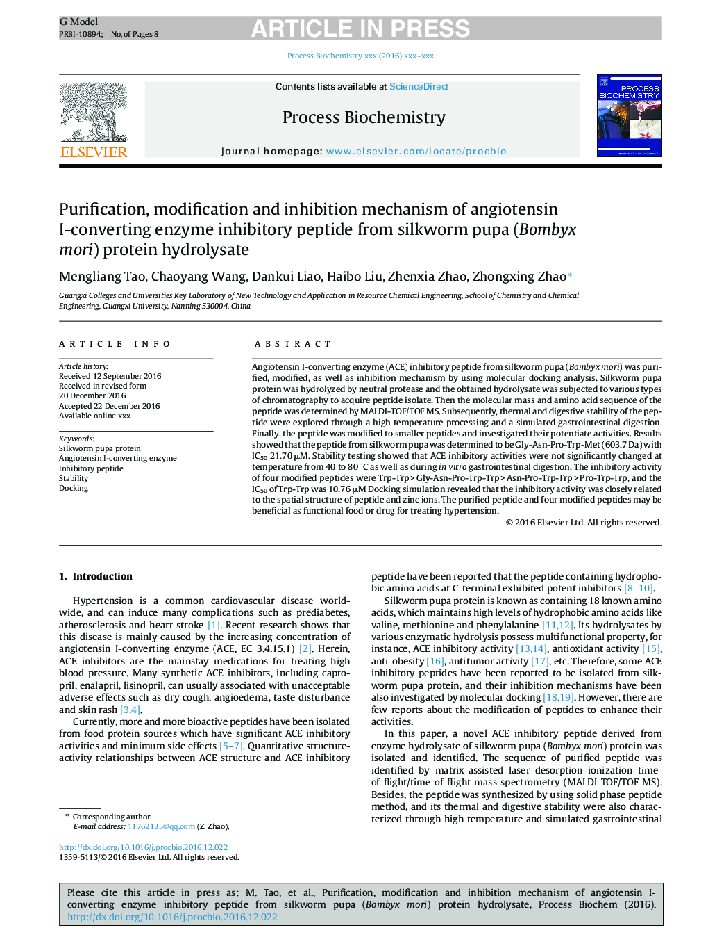 Purification, modification and inhibition mechanism of angiotensin I-converting enzyme inhibitory peptide from silkworm pupa (Bombyx mori) protein hydrolysate