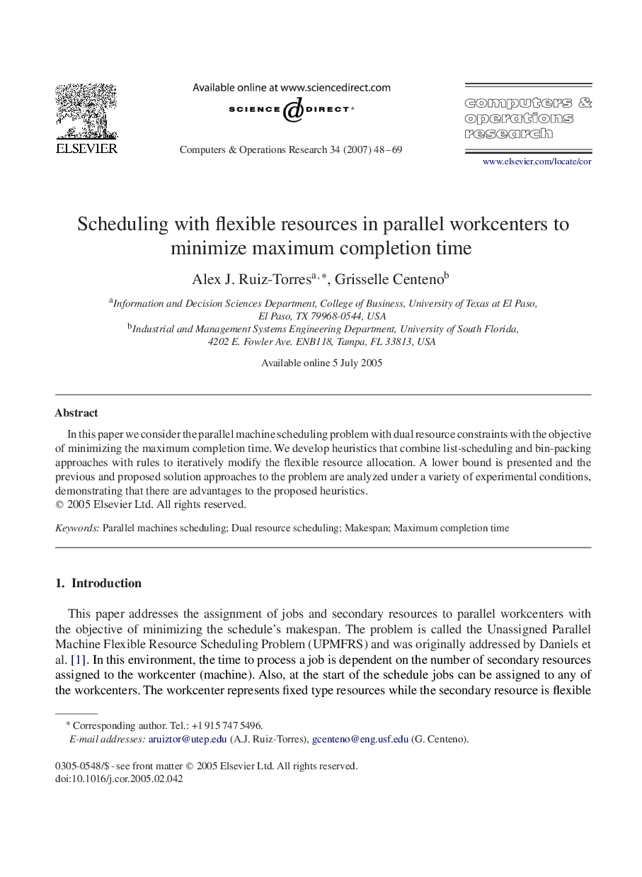 Scheduling with flexible resources in parallel workcenters to minimize maximum completion time