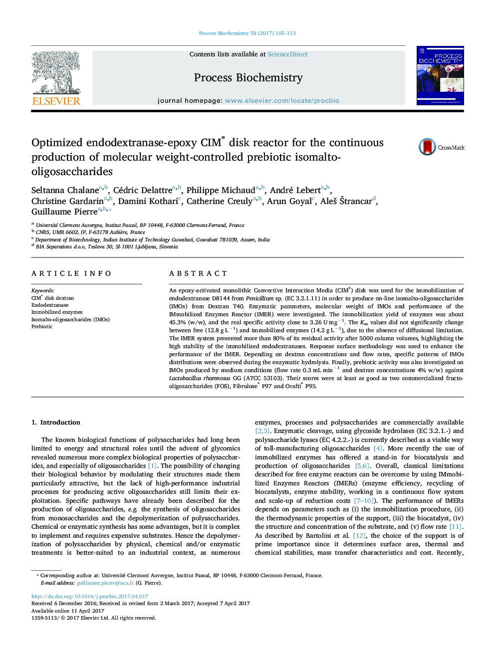 Optimized endodextranase-epoxy CIM® disk reactor for the continuous production of molecular weight-controlled prebiotic isomalto-oligosaccharides