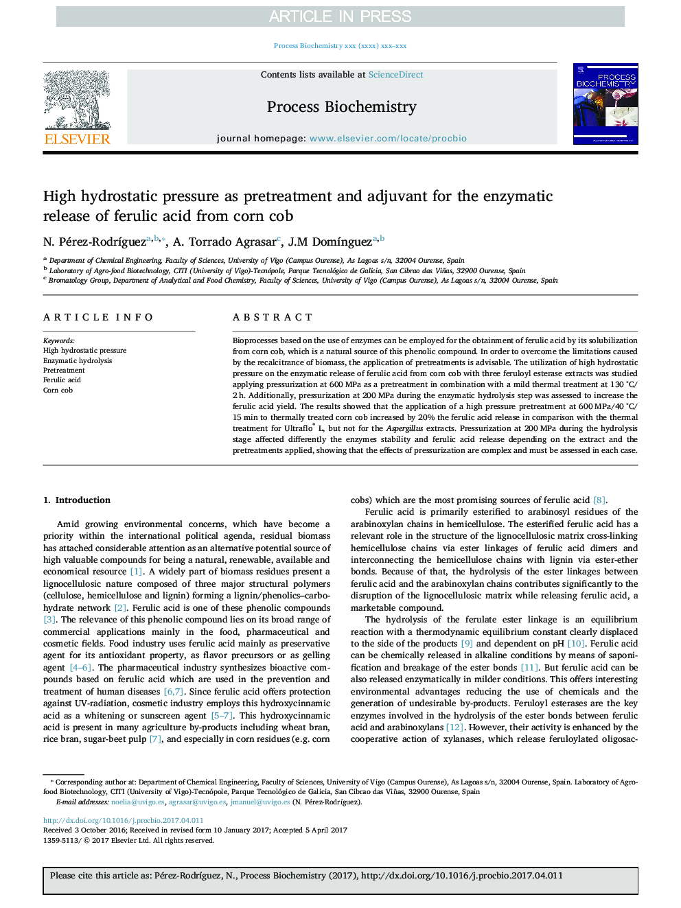 High hydrostatic pressure as pretreatment and adjuvant for the enzymatic release of ferulic acid from corn cob