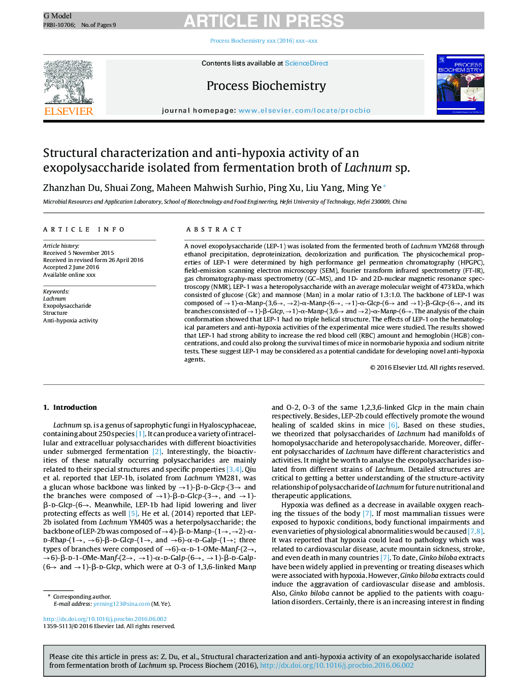 Structural characterization and anti-hypoxia activity of an exopolysaccharide isolated from fermentation broth of Lachnum sp.