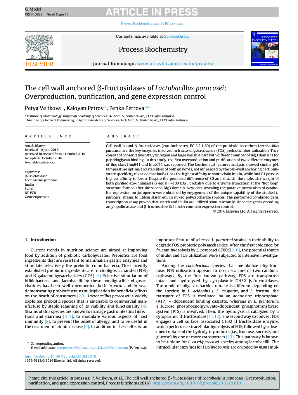 The cell wall anchored Î²-fructosidases of Lactobacillus paracasei: Overproduction, purification, and gene expression control