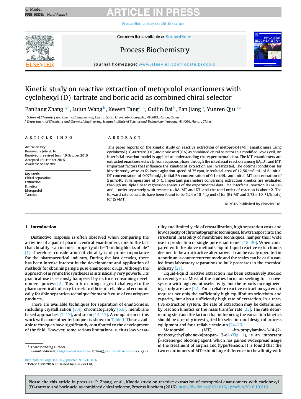 Kinetic study on reactive extraction of metoprolol enantiomers with cyclohexyl (D)-tartrate and boric acid as combined chiral selector