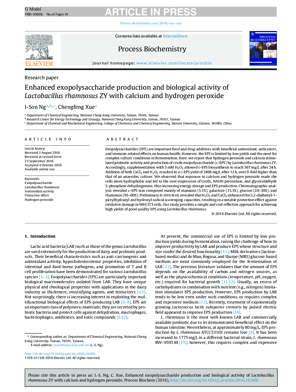 Enhanced exopolysaccharide production and biological activity of Lactobacillus rhamnosus ZY with calcium and hydrogen peroxide