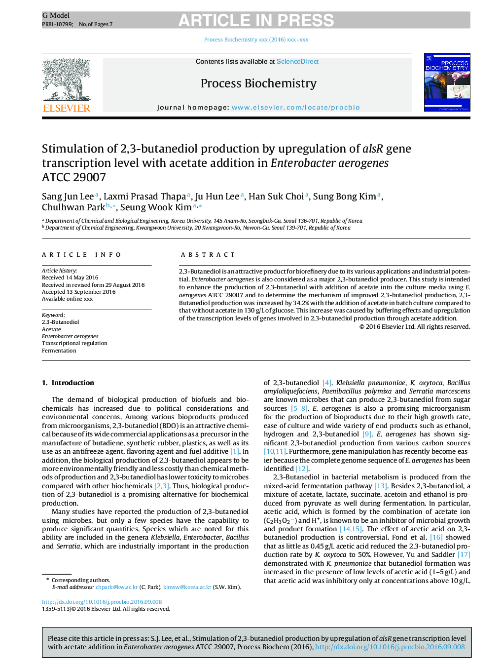 Stimulation of 2,3-butanediol production by upregulation of alsR gene transcription level with acetate addition in Enterobacter aerogenes ATCC 29007