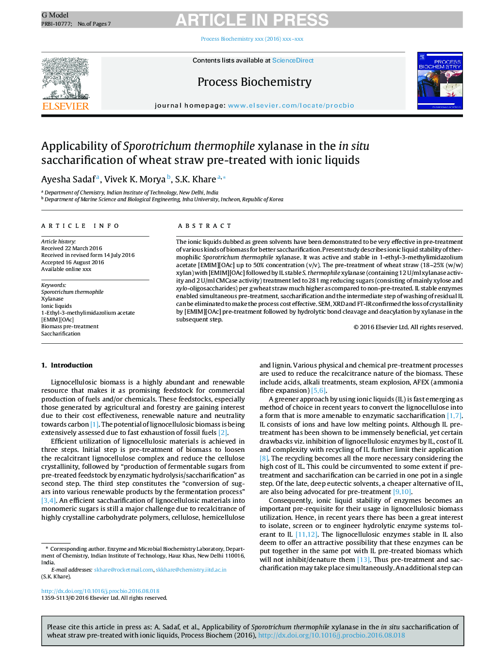 Applicability of Sporotrichum thermophile xylanase in the in situ saccharification of wheat straw pre-treated with ionic liquids