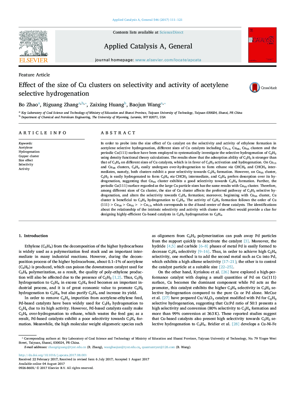 Effect of the size of Cu clusters on selectivity and activity of acetylene selective hydrogenation