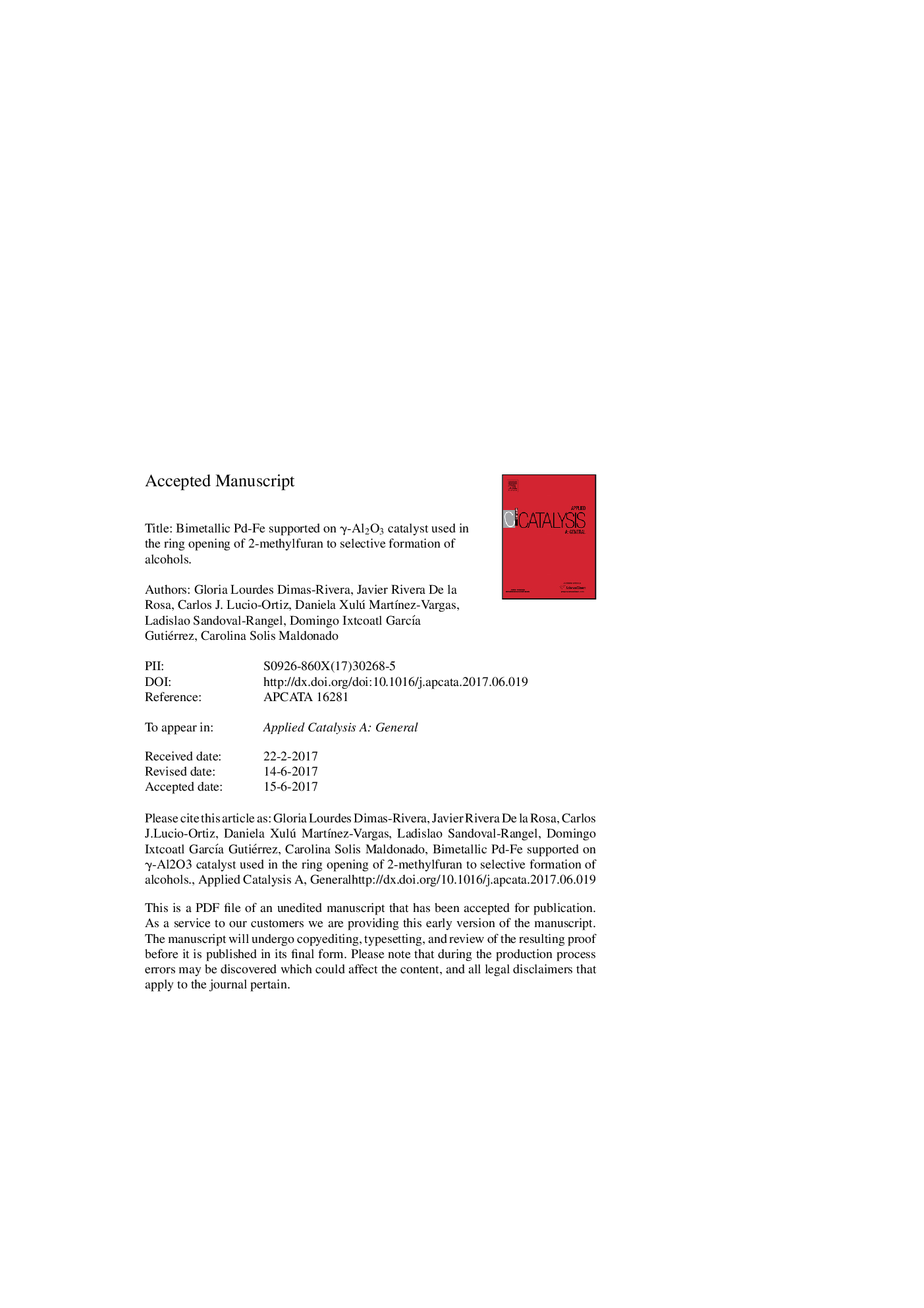 Bimetallic Pd-Fe supported on Î³-Al2O3 catalyst used in the ring opening of 2-methylfuran to selective formation of alcohols