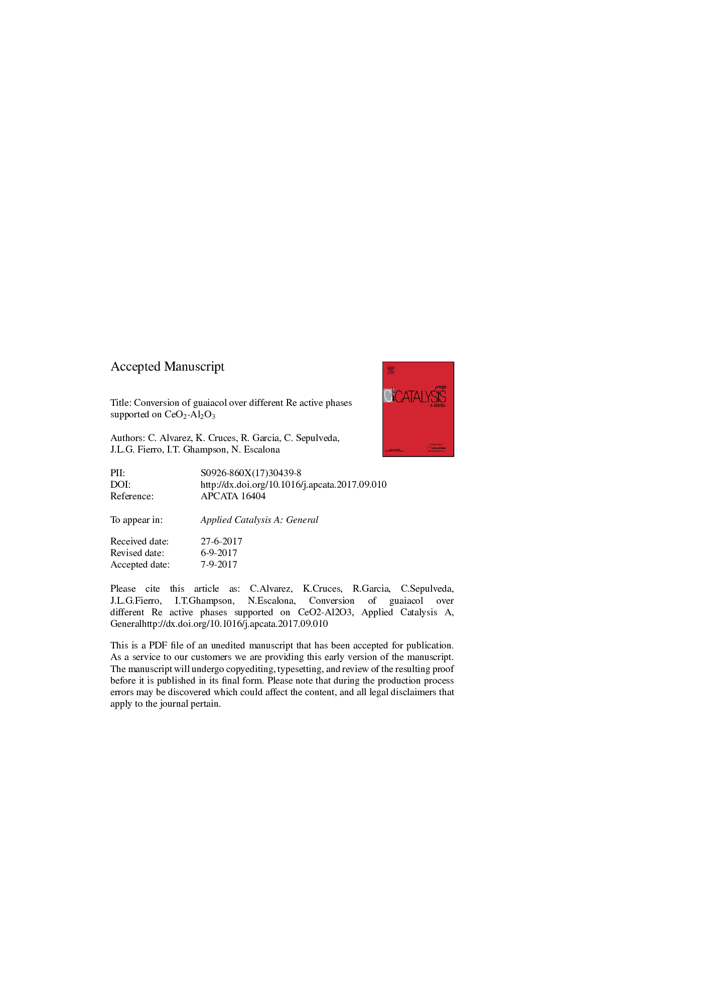 عکس صفحه اول مقاله: Conversion of guaiacol over different Re active phases supported on CeO2-Al2O3 Conversion of guaiacol over different Re active phases supported on CeO2-Al2O3