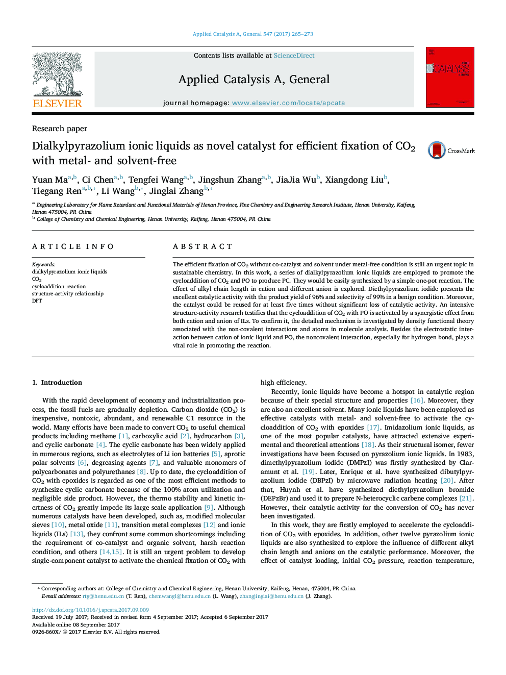 Dialkylpyrazolium ionic liquids as novel catalyst for efficient fixation of CO2 with metal- and solvent-free