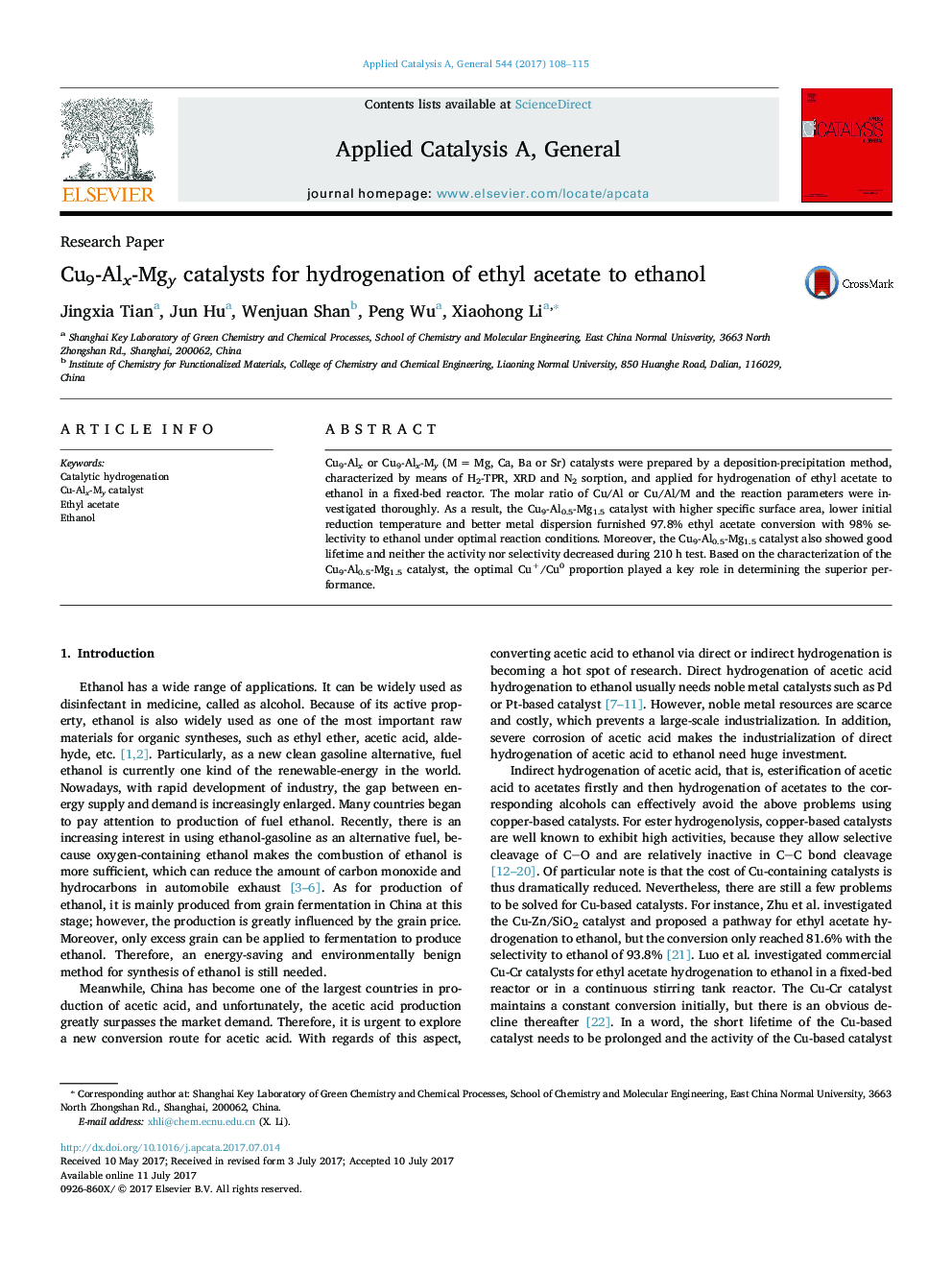 Cu9-Alx-Mgy catalysts for hydrogenation of ethyl acetate to ethanol