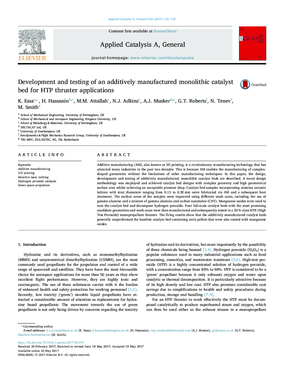 Development and testing of an additively manufactured monolithic catalyst bed for HTP thruster applications