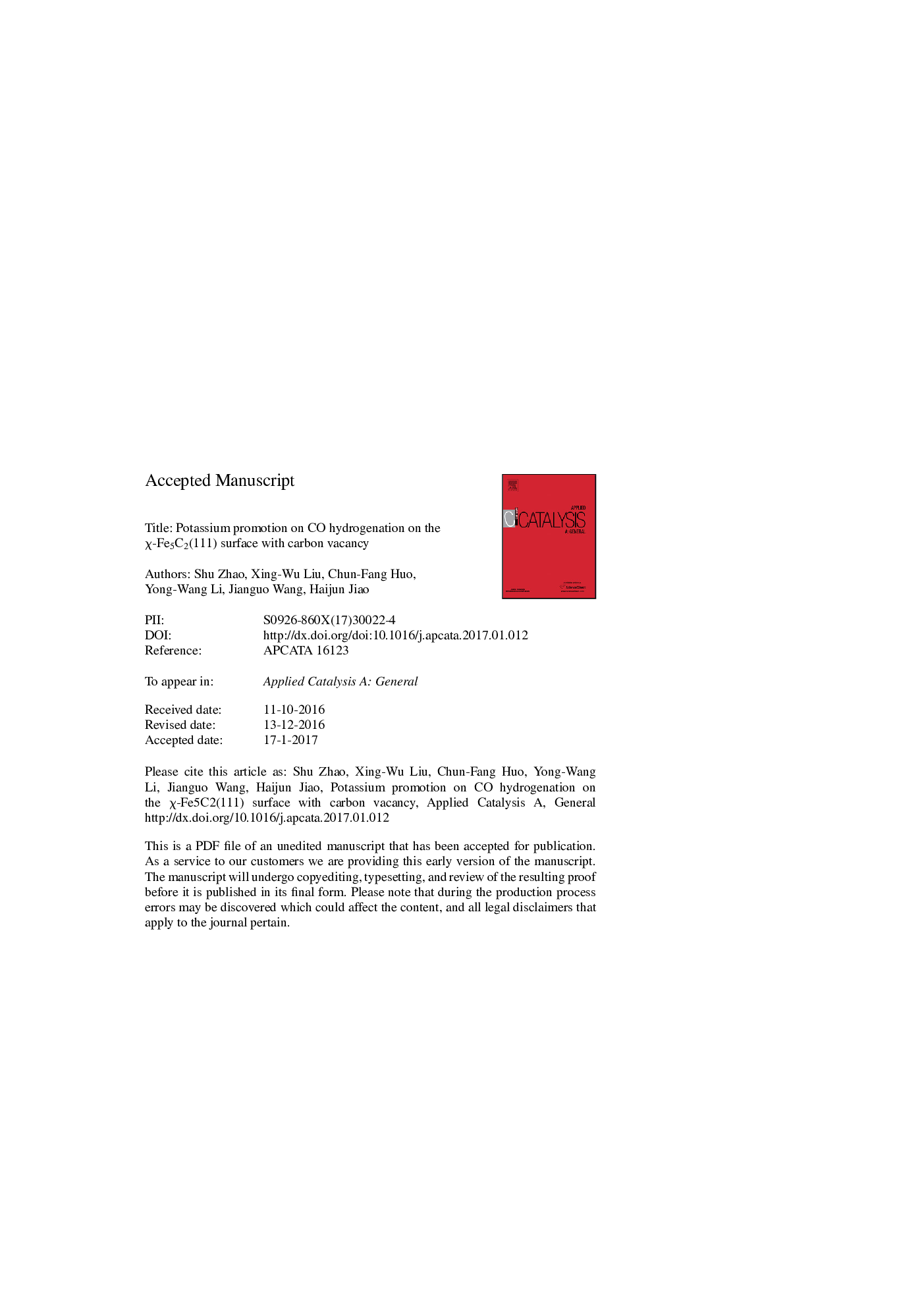 Potassium promotion on CO hydrogenation on the Ï-Fe5C2(111) surface with carbon vacancy