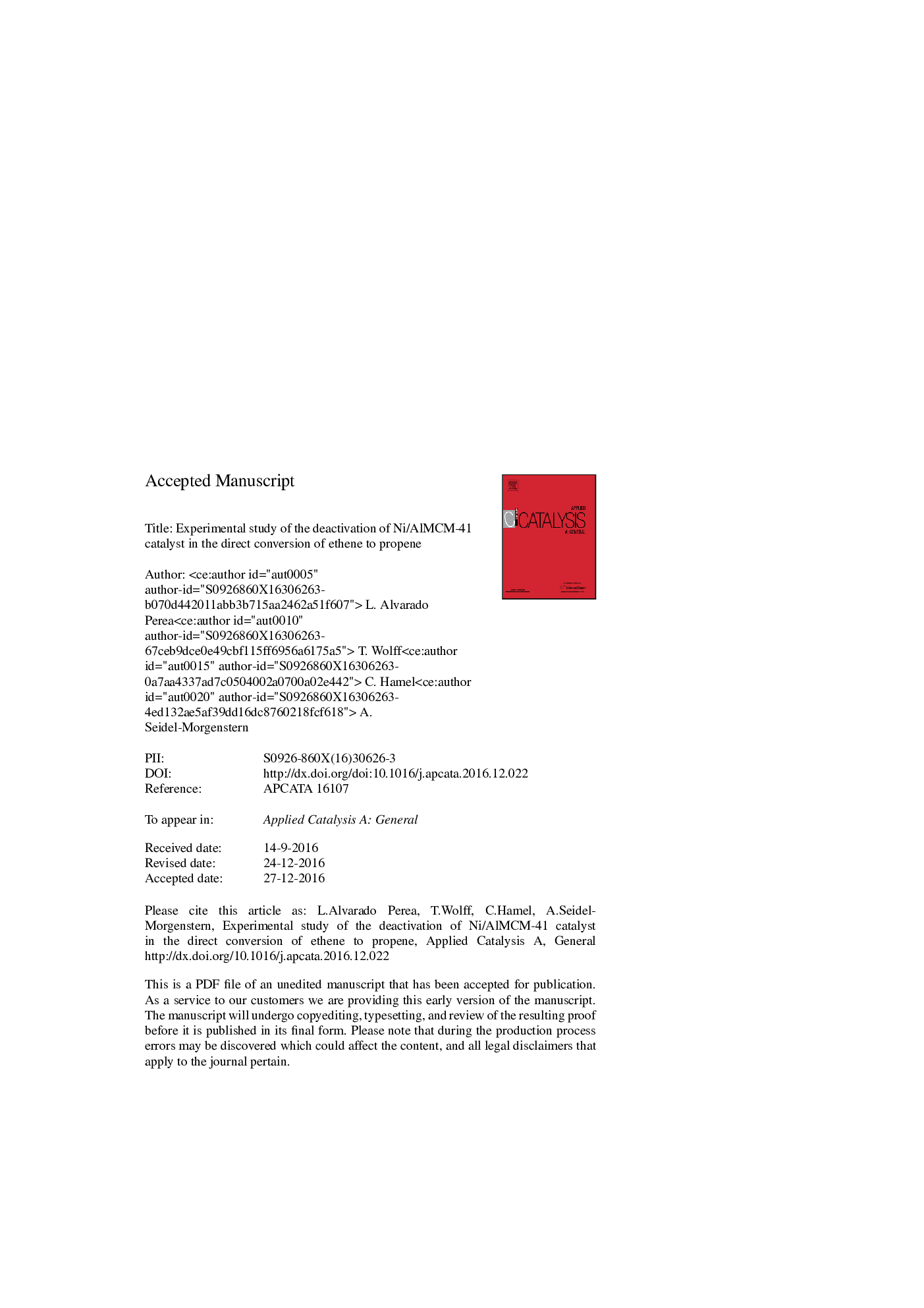 Experimental study of the deactivation of Ni/AlMCM-41 catalyst in the direct conversion of ethene to propene