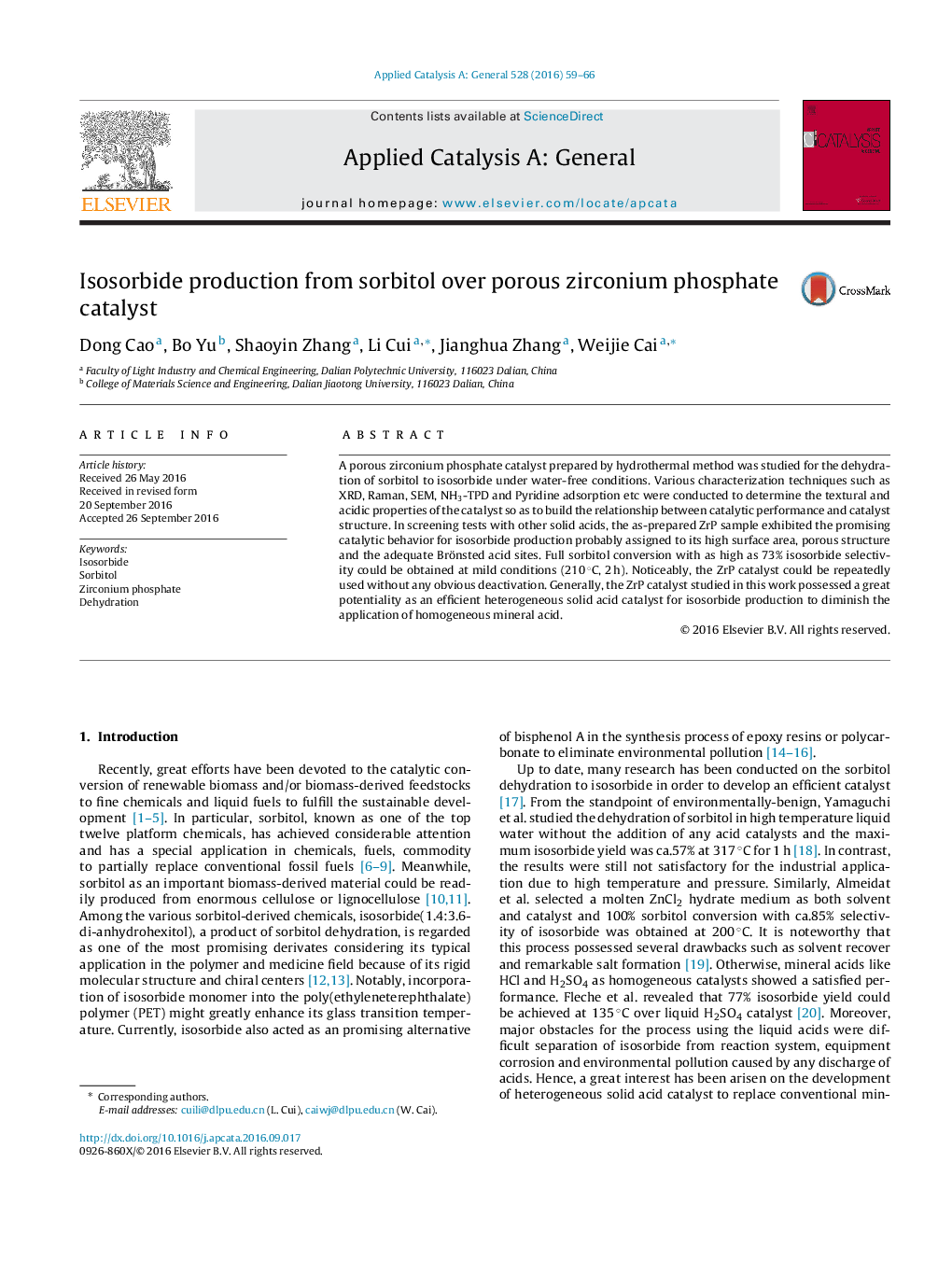 Isosorbide production from sorbitol over porous zirconium phosphate catalyst