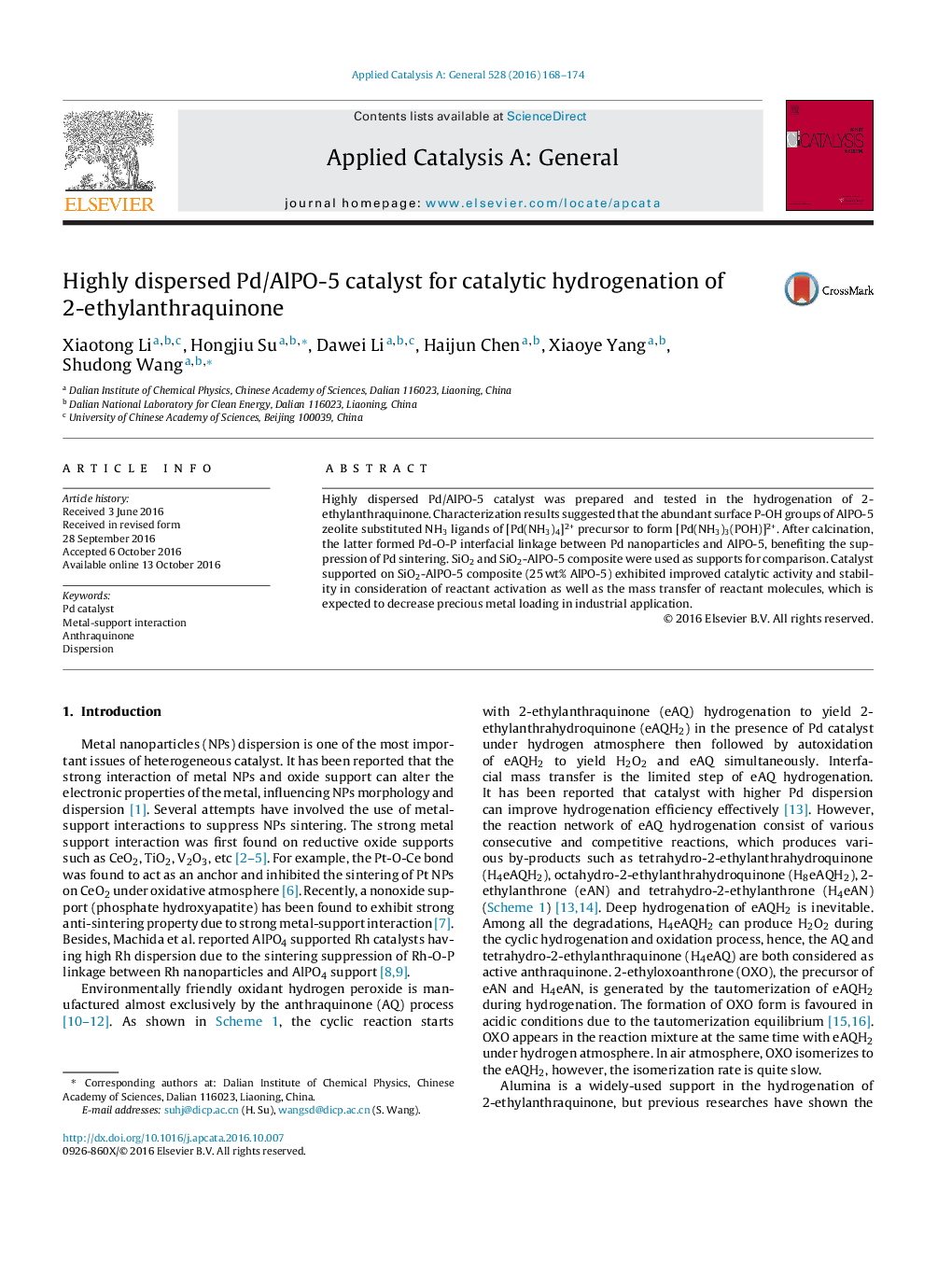 Highly dispersed Pd/AlPO-5 catalyst for catalytic hydrogenation of 2-ethylanthraquinone