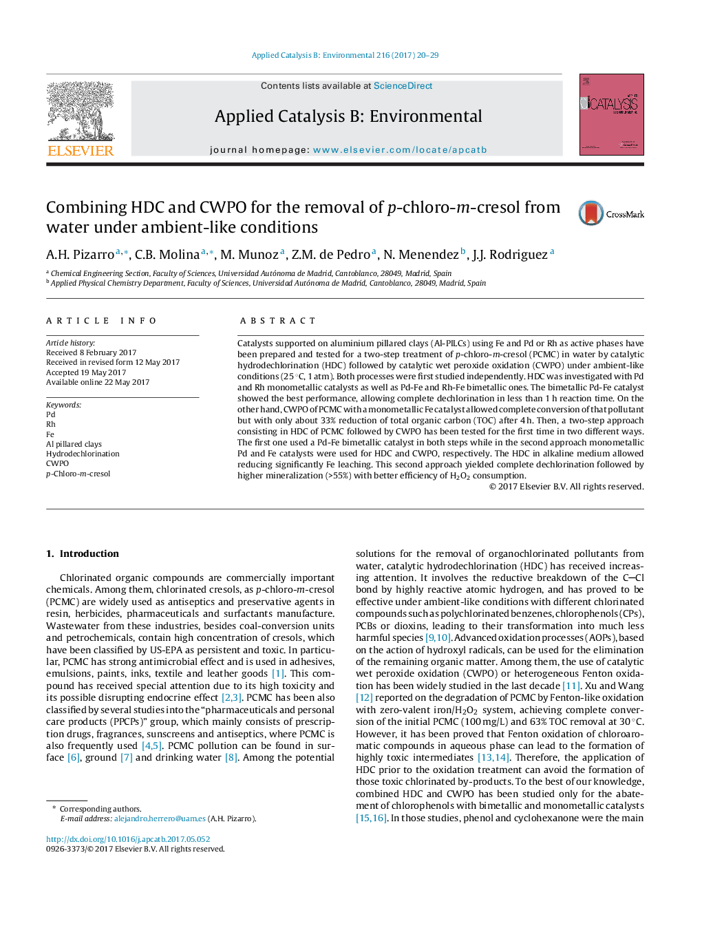 Combining HDC and CWPO for the removal of p-chloro-m-cresol from water under ambient-like conditions