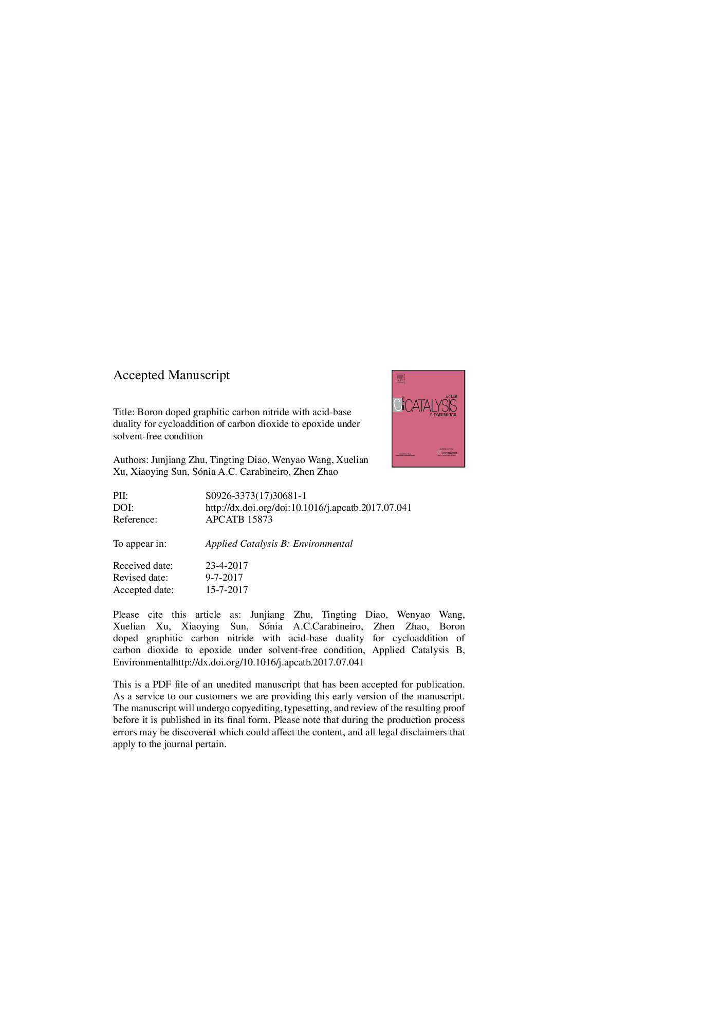 Boron doped graphitic carbon nitride with acid-base duality for cycloaddition of carbon dioxide to epoxide under solvent-free condition