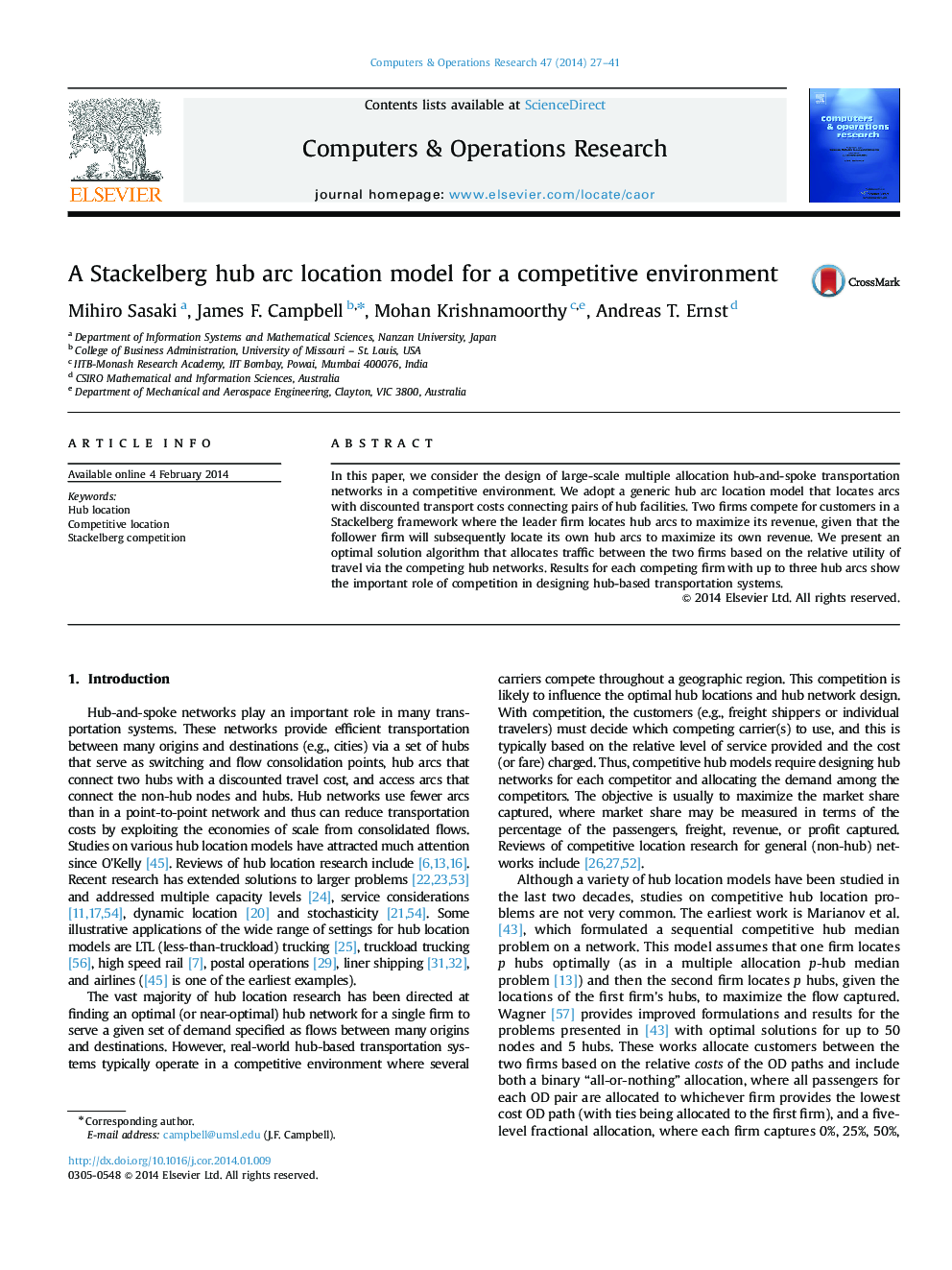 A Stackelberg hub arc location model for a competitive environment