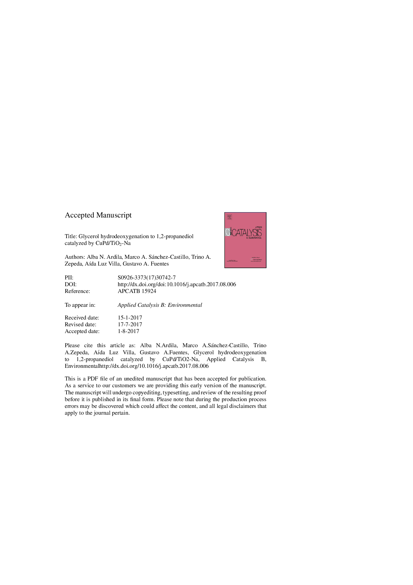 عکس صفحه اول مقاله: Glycerol hydrodeoxygenation to 1,2-propanediol catalyzed by CuPd/TiO2-Na Glycerol hydrodeoxygenation to 1,2-propanediol catalyzed by CuPd/TiO2-Na