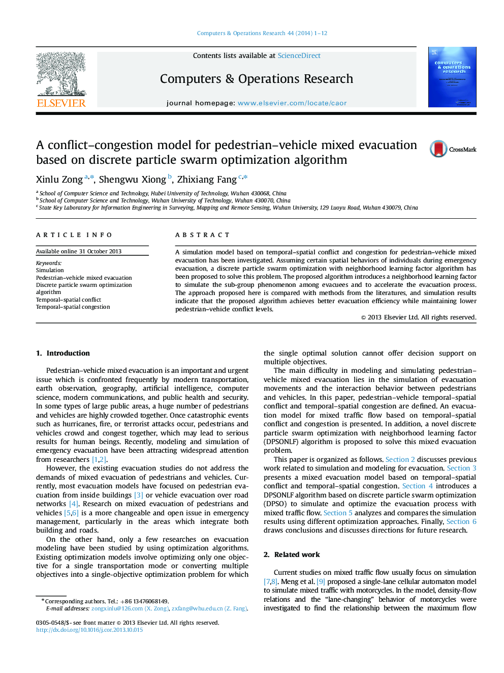 A conflict–congestion model for pedestrian–vehicle mixed evacuation based on discrete particle swarm optimization algorithm