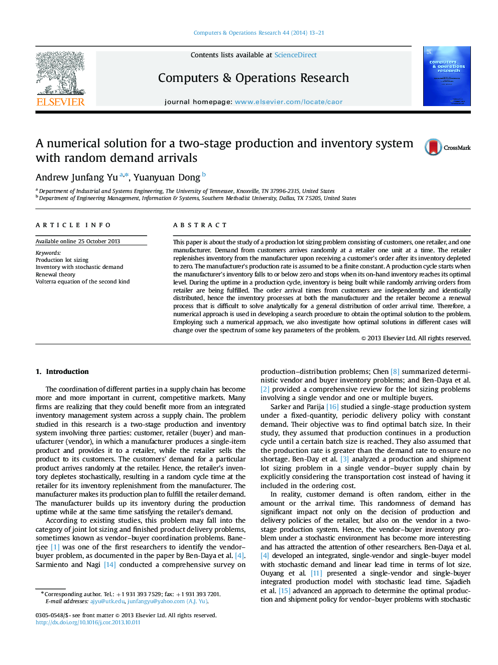 A numerical solution for a two-stage production and inventory system with random demand arrivals