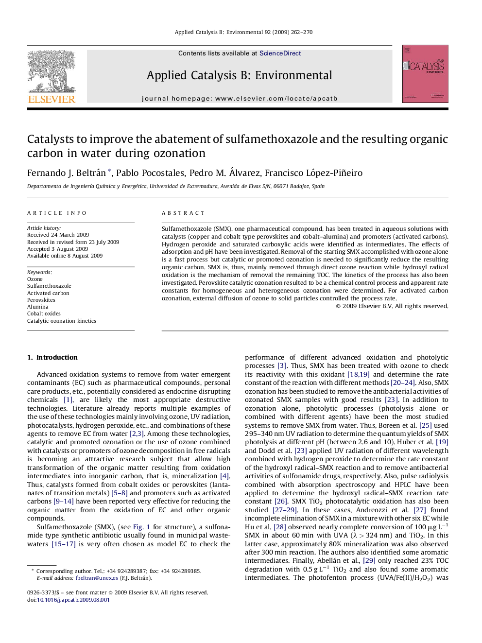 Catalysts to improve the abatement of sulfamethoxazole and the resulting organic carbon in water during ozonation