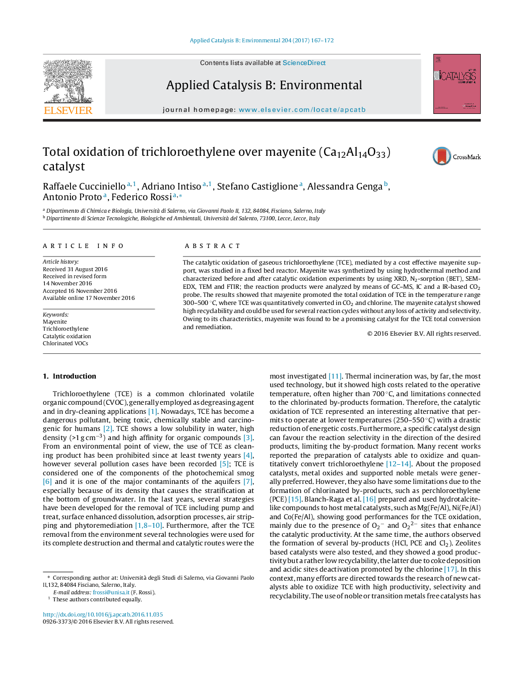 Total oxidation of trichloroethylene over mayenite (Ca12Al14O33) catalyst