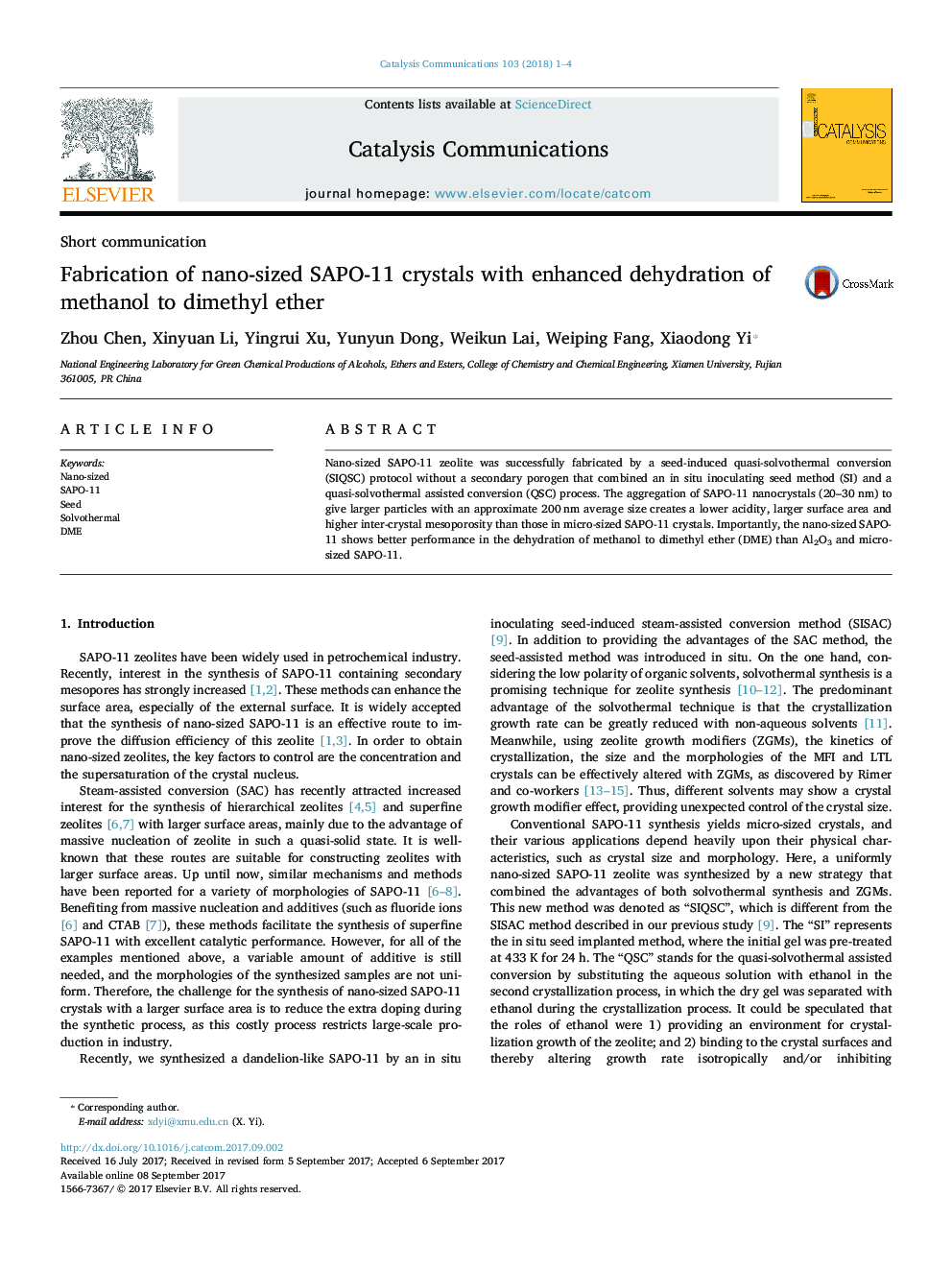 Fabrication of nano-sized SAPO-11 crystals with enhanced dehydration of methanol to dimethyl ether