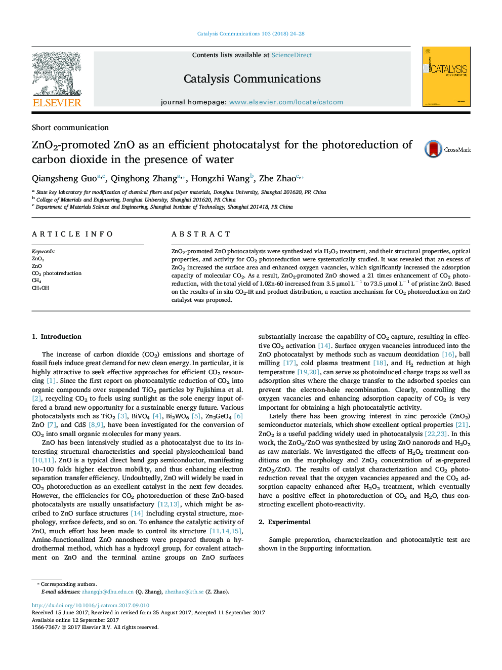 Short communicationZnO2-promoted ZnO as an efficient photocatalyst for the photoreduction of carbon dioxide in the presence of water