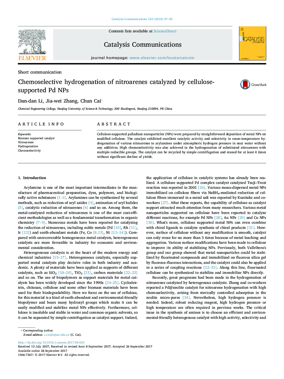 Chemoselective hydrogenation of nitroarenes catalyzed by cellulose-supported Pd NPs