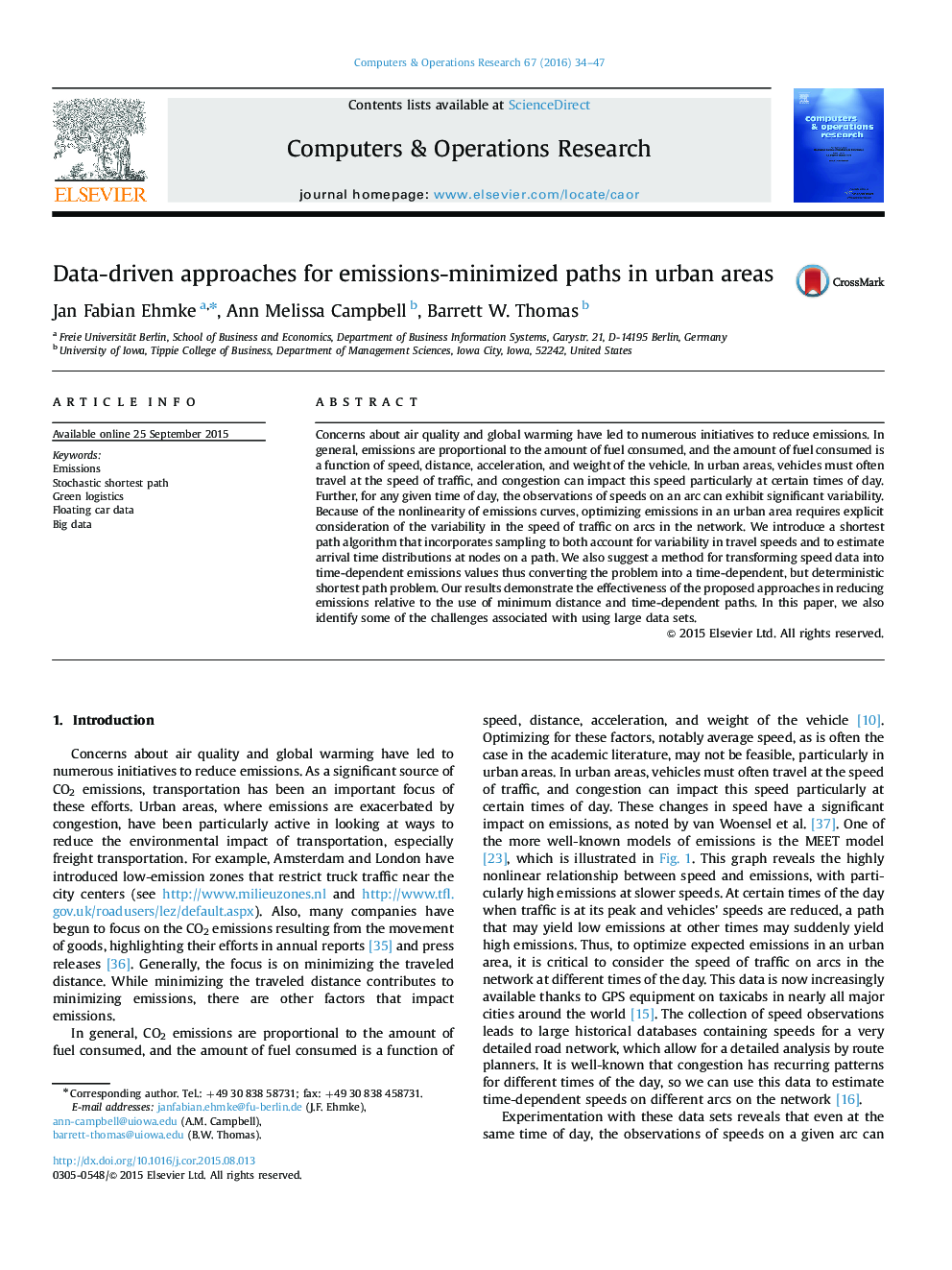 Data-driven approaches for emissions-minimized paths in urban areas