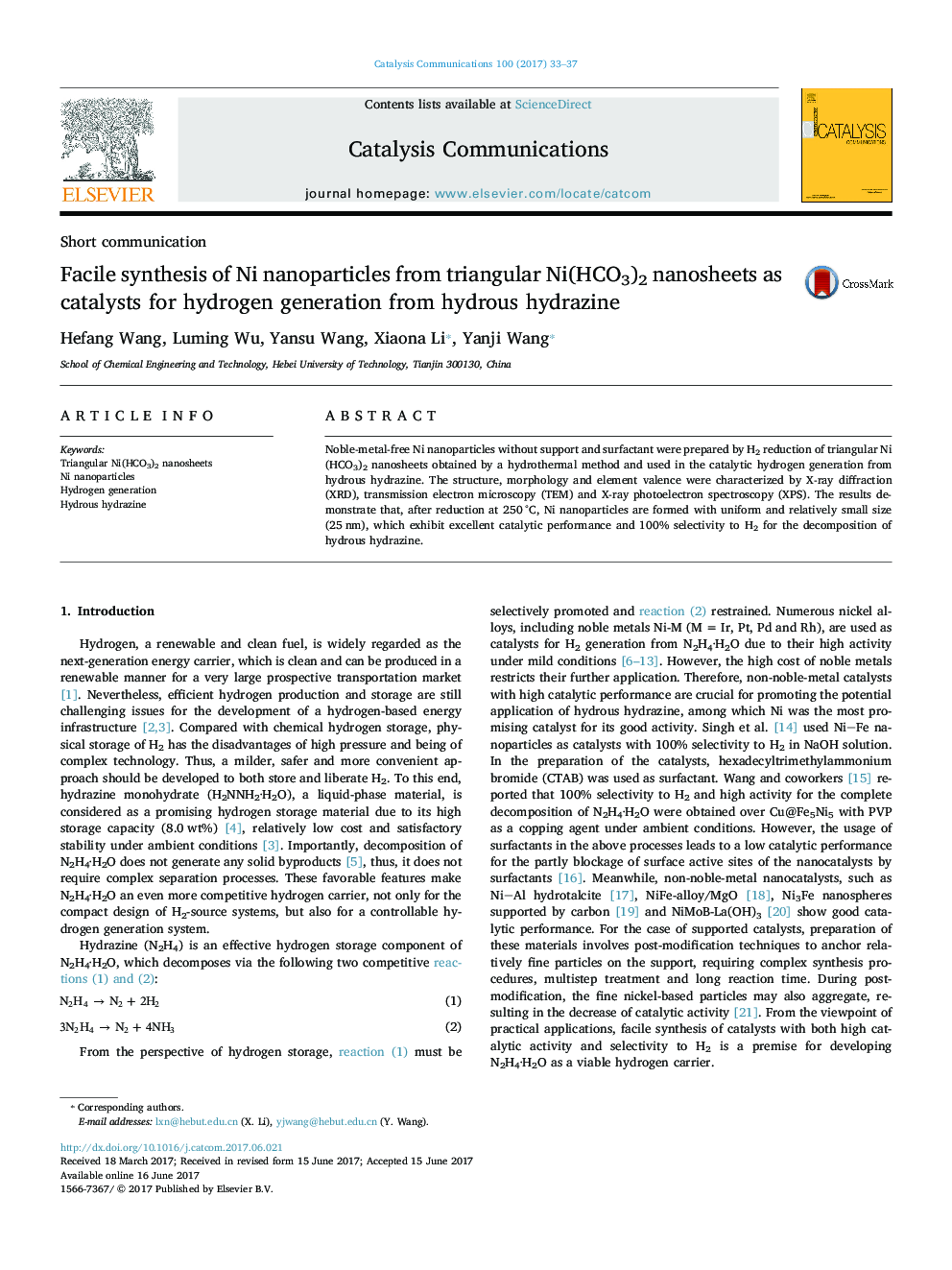 Facile synthesis of Ni nanoparticles from triangular Ni(HCO3)2 nanosheets as catalysts for hydrogen generation from hydrous hydrazine