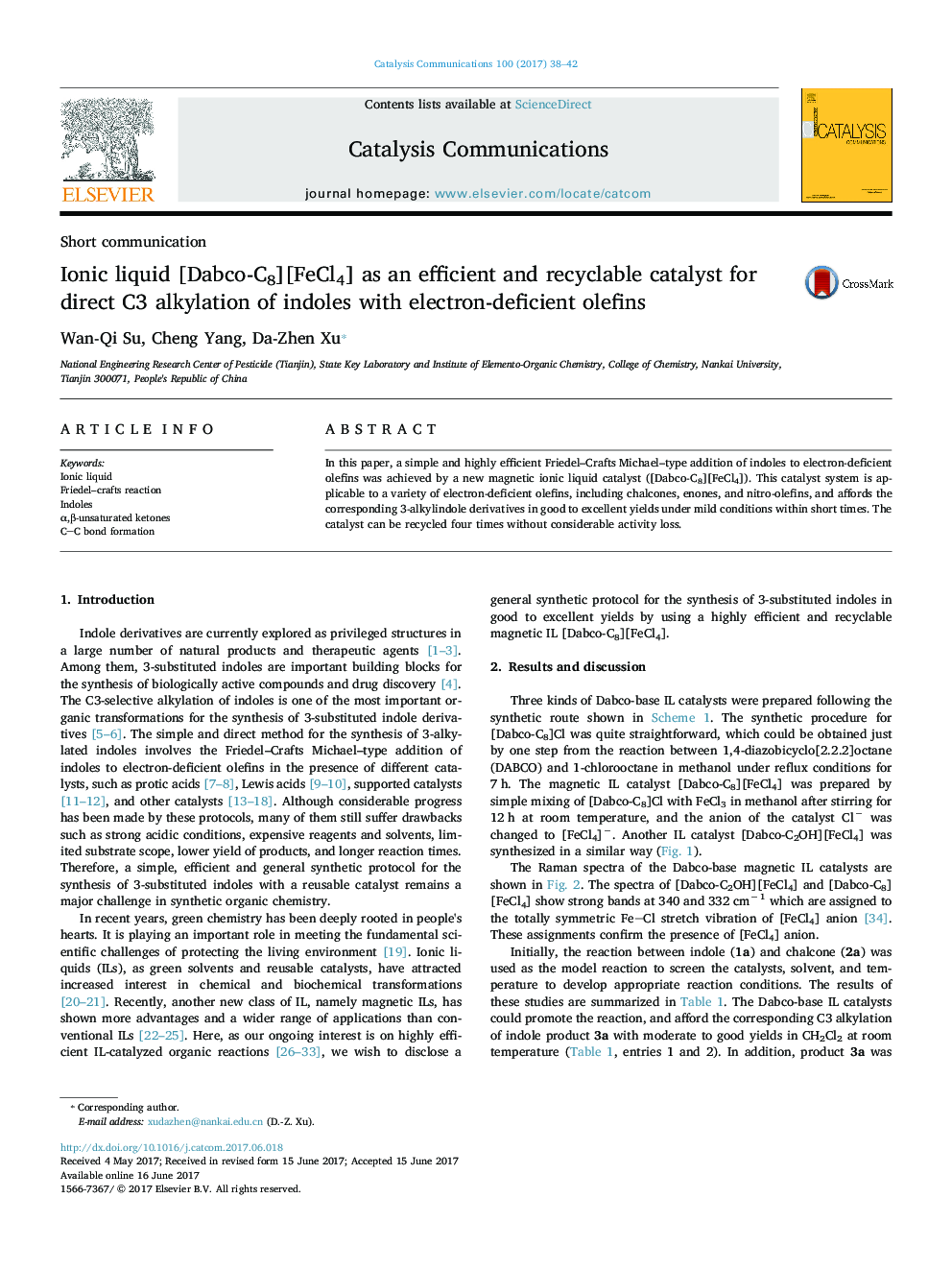 Ionic liquid [Dabco-C8][FeCl4] as an efficient and recyclable catalyst for direct C3 alkylation of indoles with electron-deficient olefins