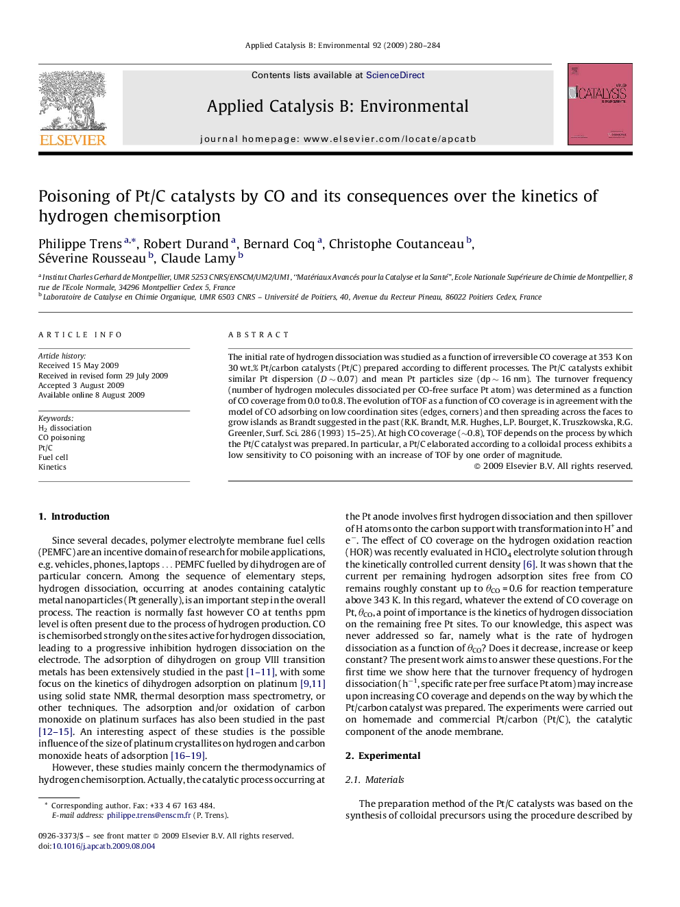 Poisoning of Pt/C catalysts by CO and its consequences over the kinetics of hydrogen chemisorption