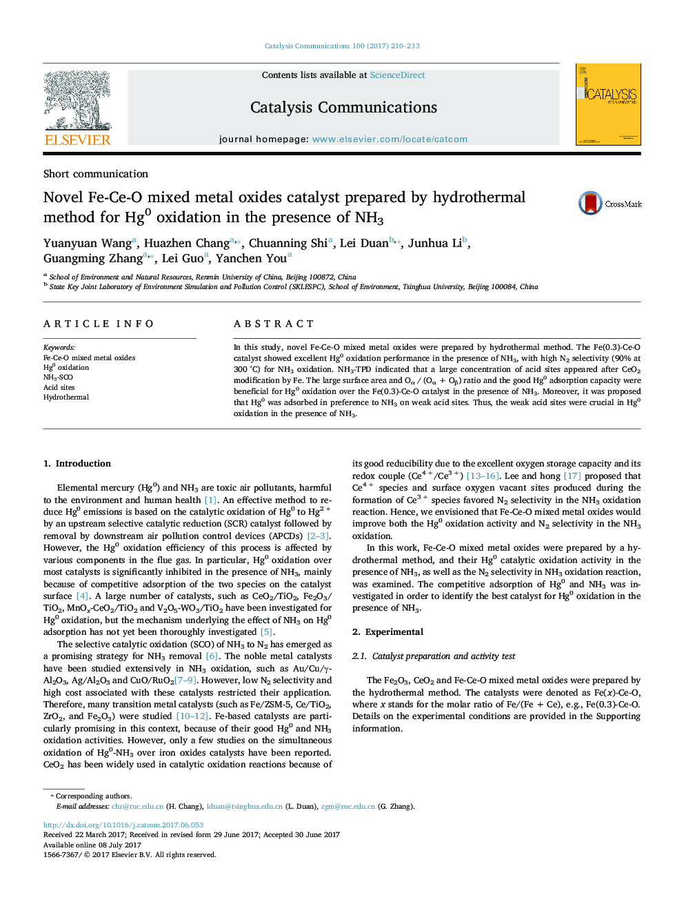 Novel Fe-Ce-O mixed metal oxides catalyst prepared by hydrothermal method for Hg0 oxidation in the presence of NH3