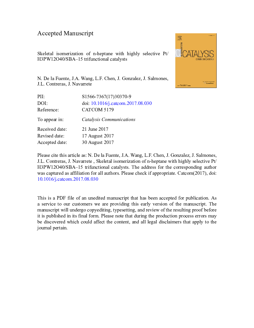 Skeletal isomerization of n-heptane with highly selective Pt/H3PW12O40/SBA-15 trifunctional catalysts